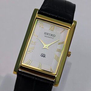 New - Vintage SEIKO TANK SLIM Quartz Men's Japanese White Roman Dial Wristwatch